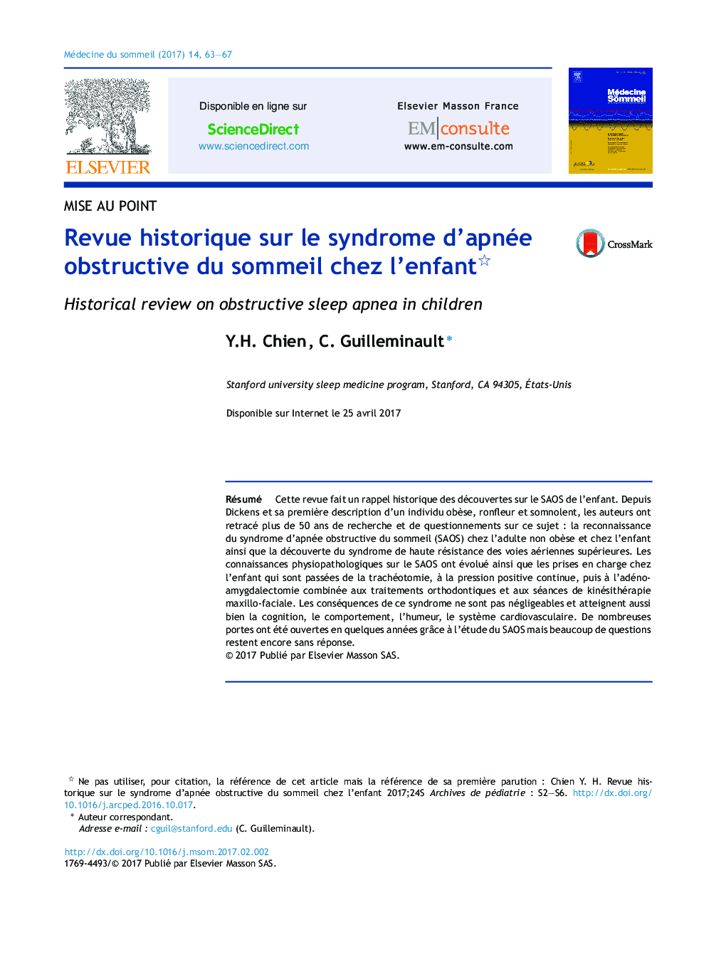 Revue historique sur le syndrome d'apnée obstructive du sommeil chez l'enfant