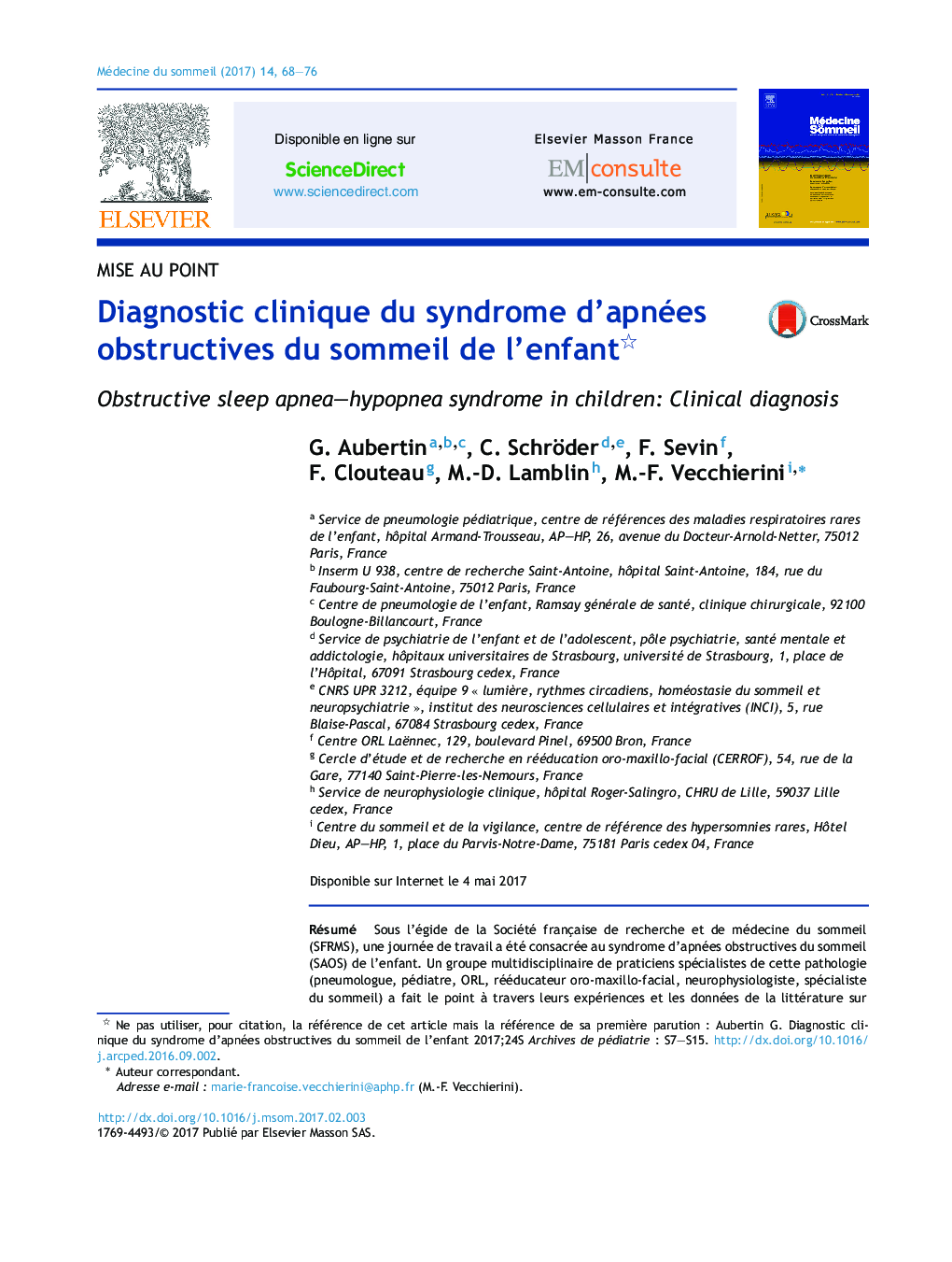 Diagnostic clinique du syndrome d'apnées obstructives du sommeil de l'enfant
