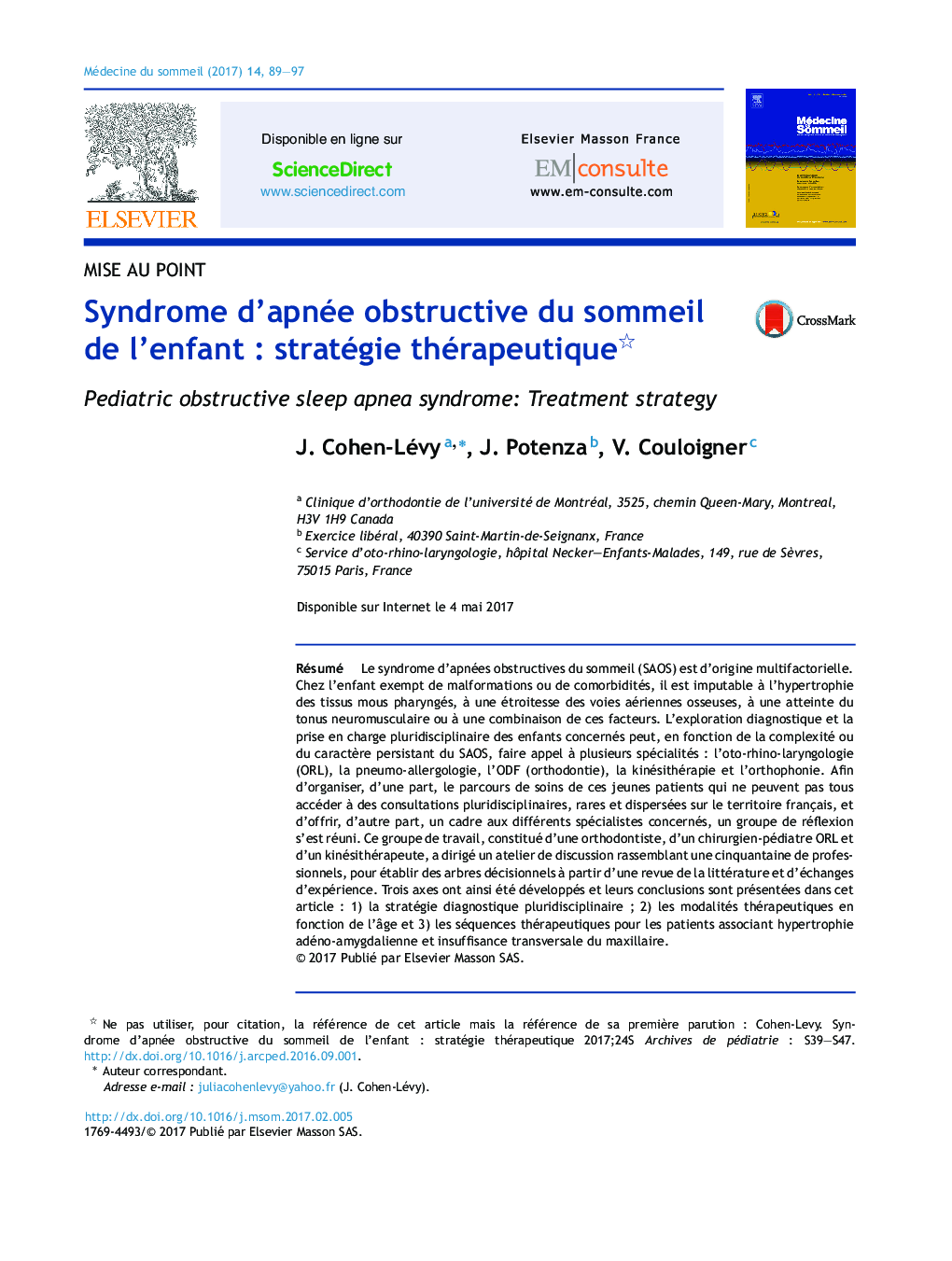 Syndrome d'apnée obstructive du sommeil de l'enfantÂ : stratégie thérapeutique