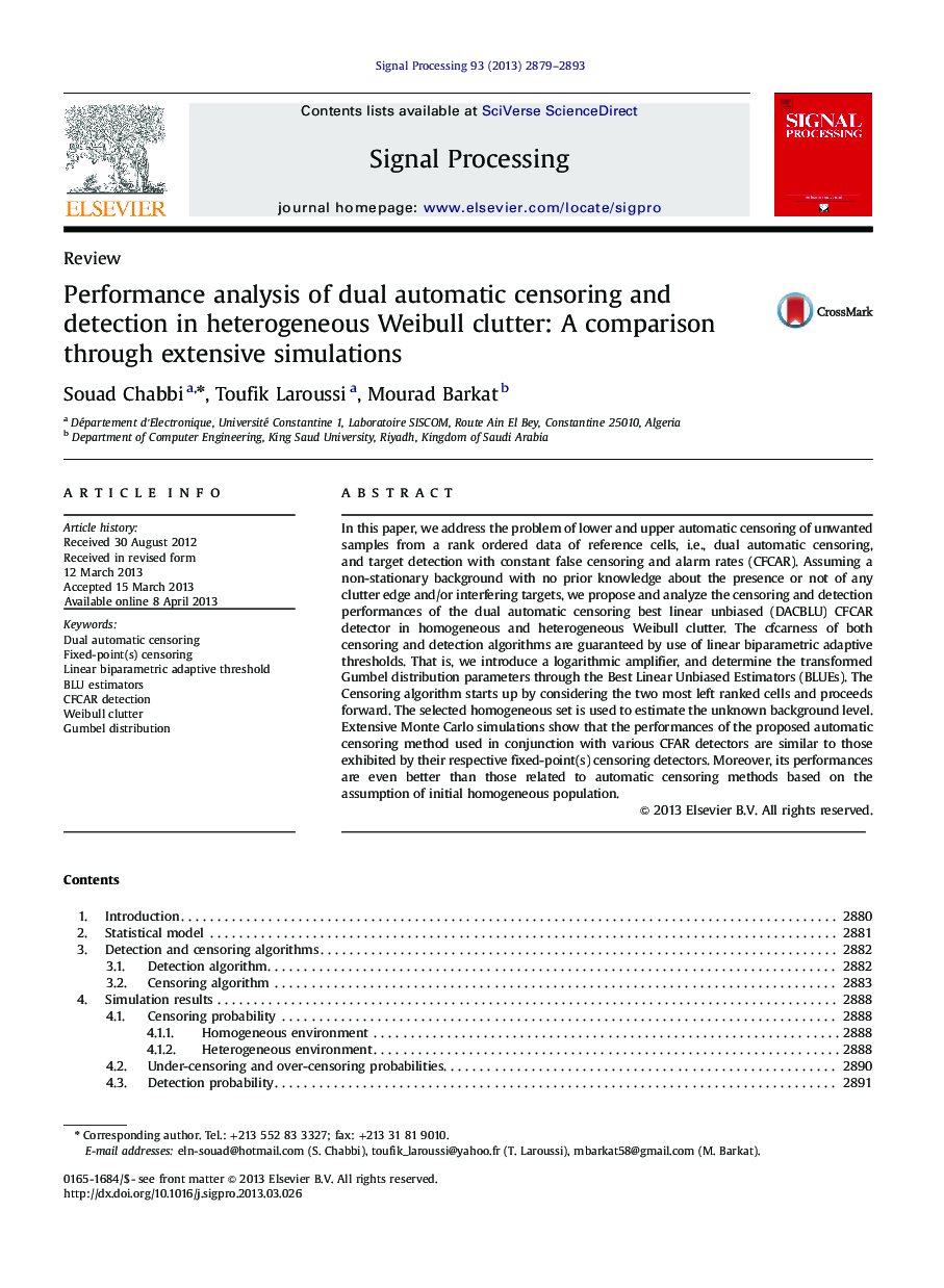 Performance analysis of dual automatic censoring and detection in heterogeneous Weibull clutter: A comparison through extensive simulations