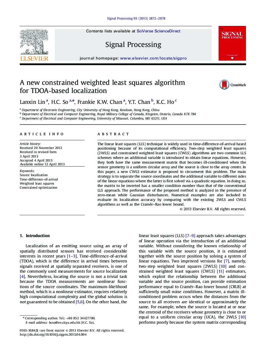 A new constrained weighted least squares algorithm for TDOA-based localization