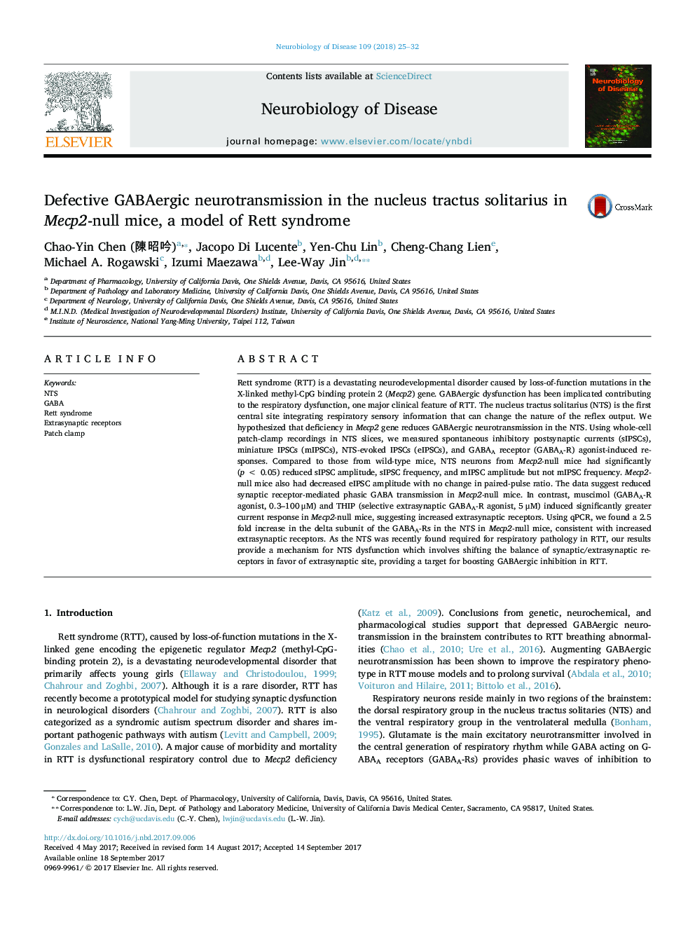 Defective GABAergic neurotransmission in the nucleus tractus solitarius in Mecp2-null mice, a model of Rett syndrome