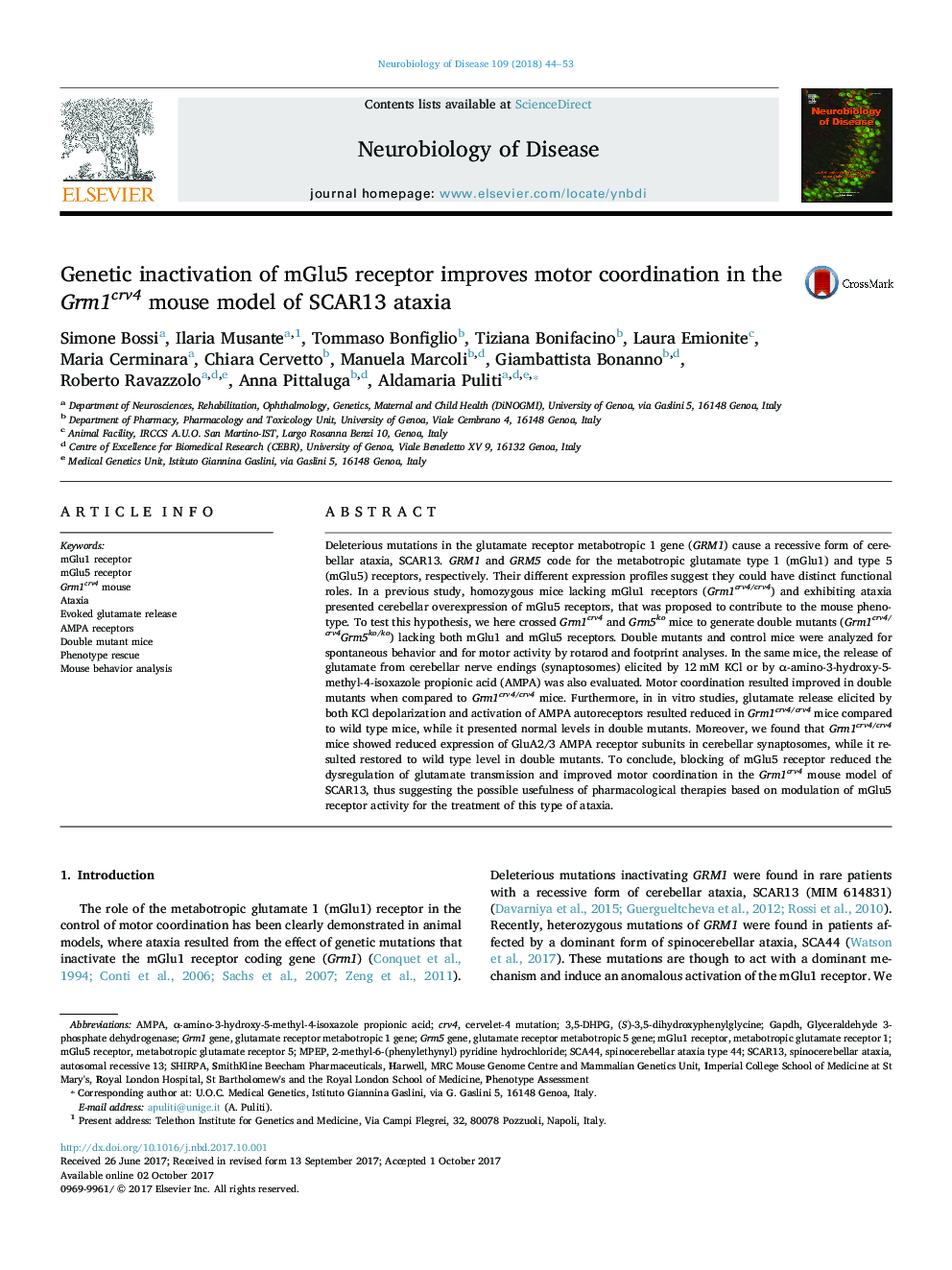 Genetic inactivation of mGlu5 receptor improves motor coordination in the Grm1crv4 mouse model of SCAR13 ataxia