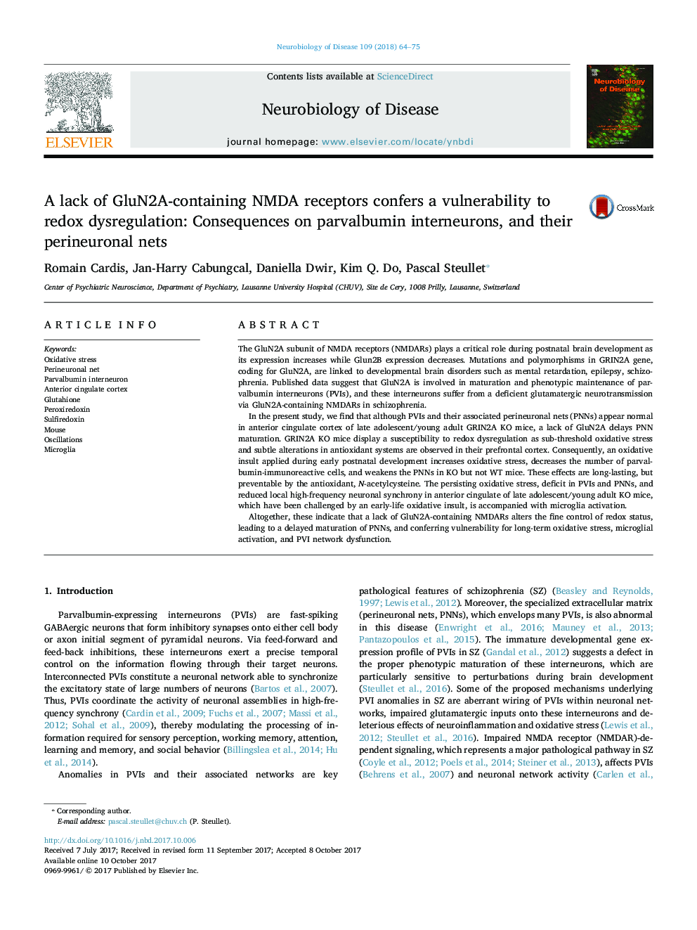 A lack of GluN2A-containing NMDA receptors confers a vulnerability to redox dysregulation: Consequences on parvalbumin interneurons, and their perineuronal nets