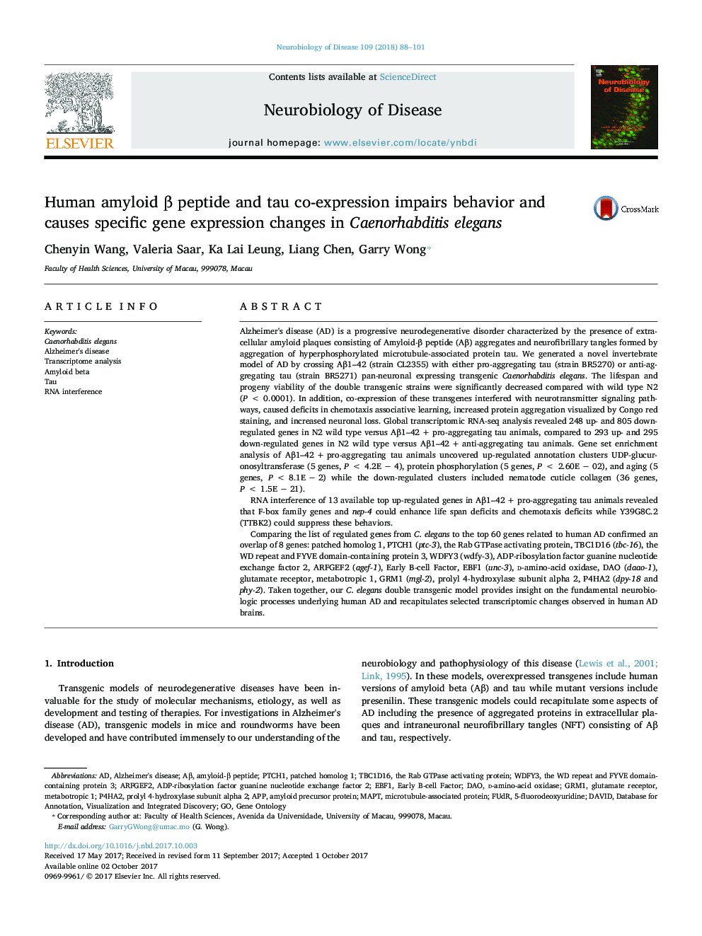 Human amyloid Î² peptide and tau co-expression impairs behavior and causes specific gene expression changes in Caenorhabditis elegans