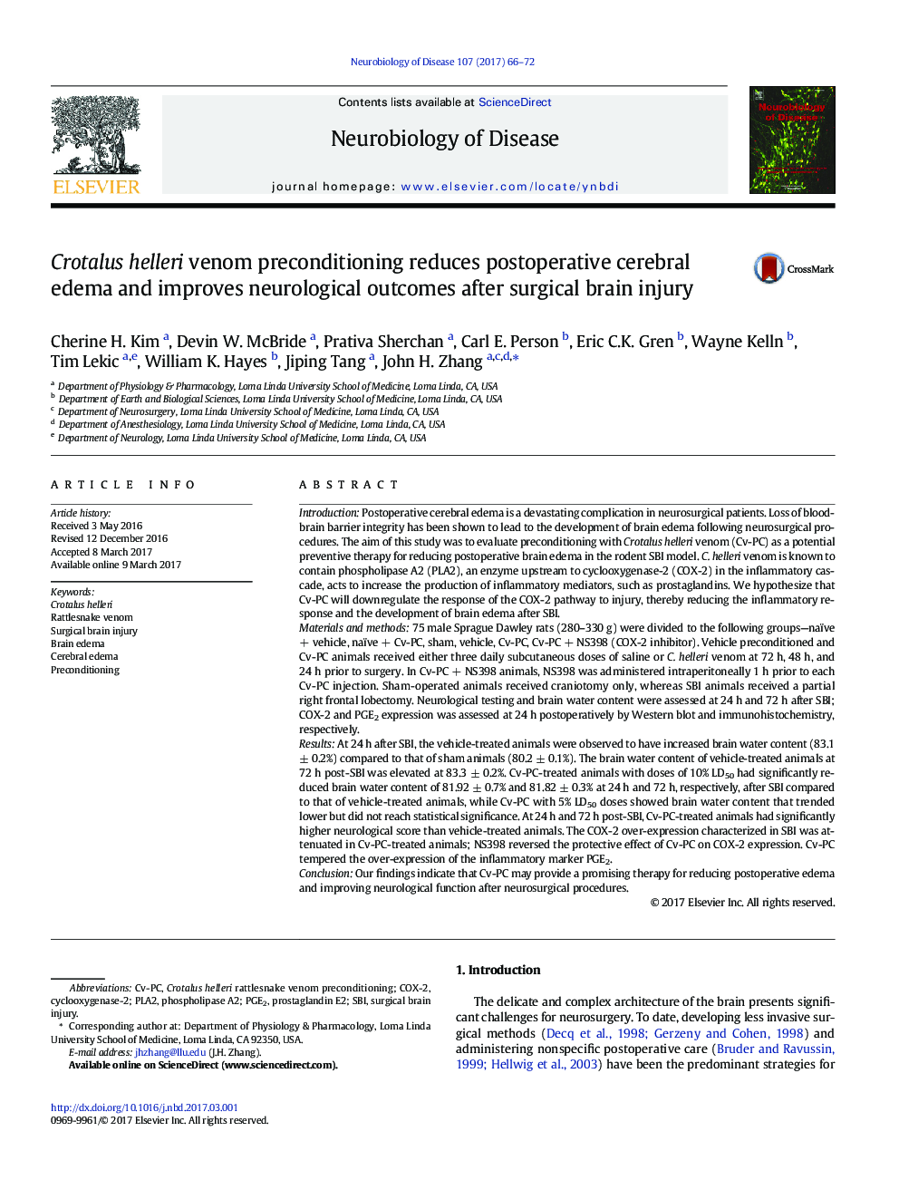 Crotalus helleri venom preconditioning reduces postoperative cerebral edema and improves neurological outcomes after surgical brain injury