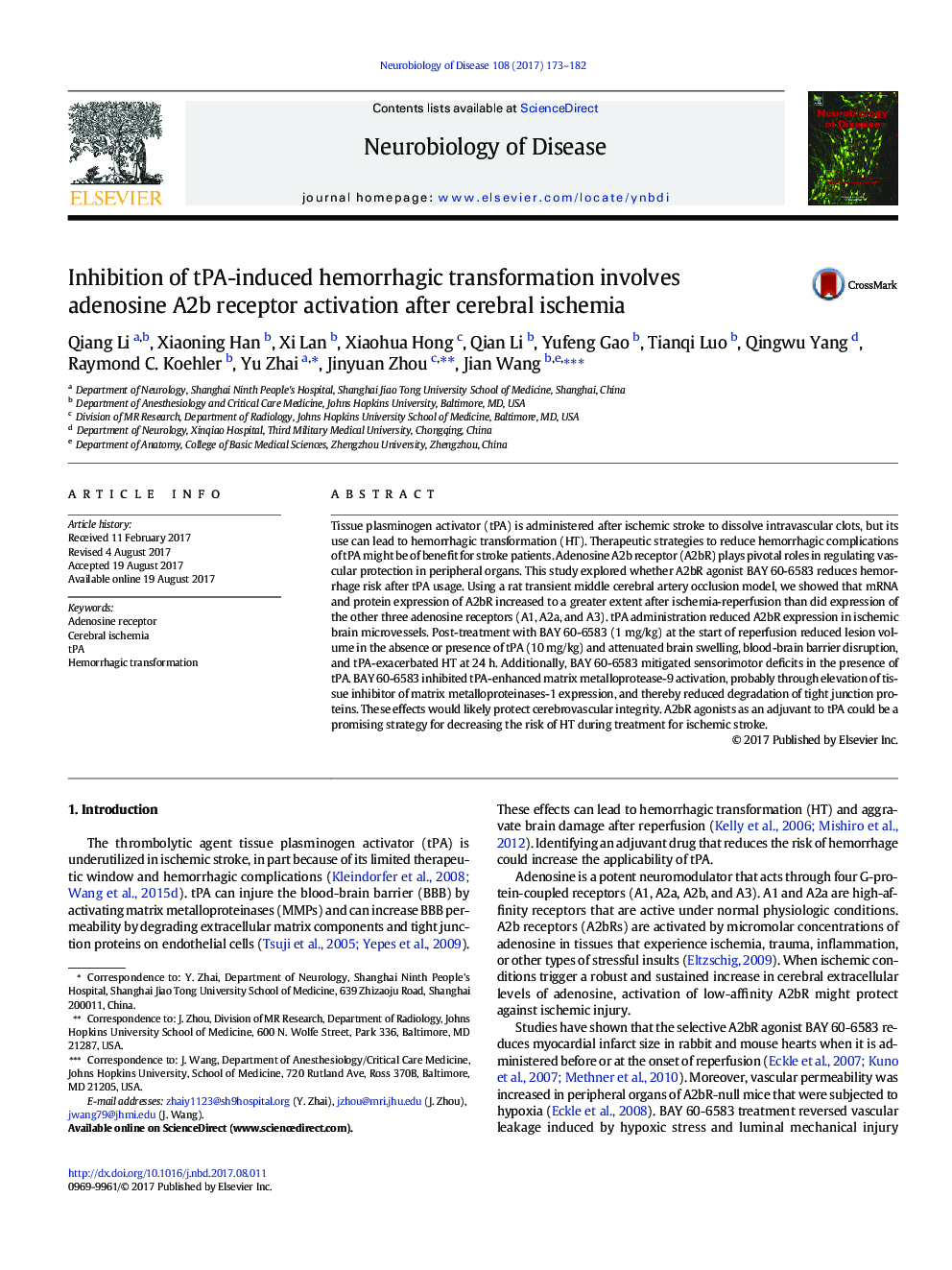 Inhibition of tPA-induced hemorrhagic transformation involves adenosine A2b receptor activation after cerebral ischemia