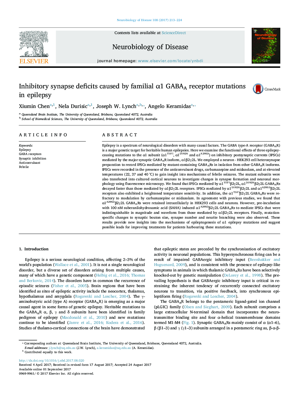 Inhibitory synapse deficits caused by familial Î±1 GABAA receptor mutations in epilepsy