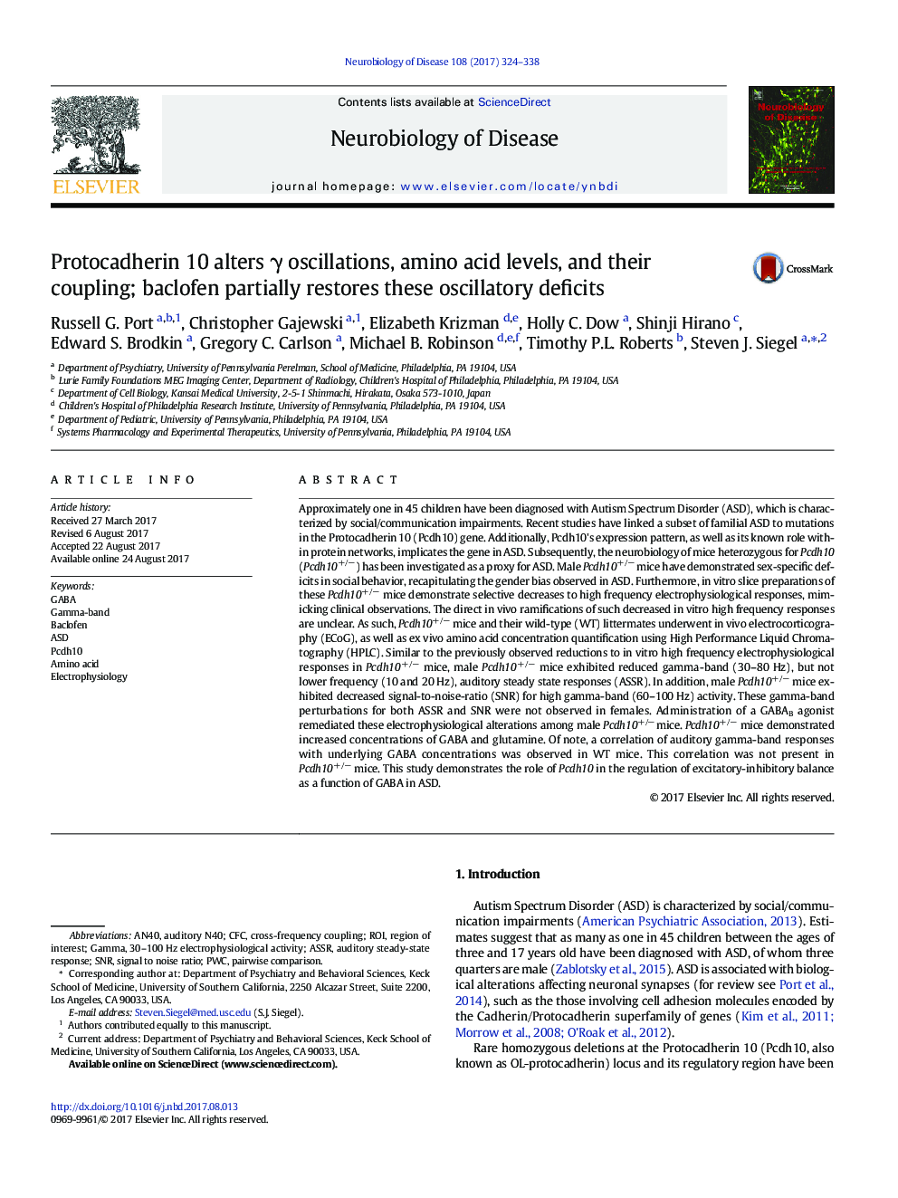 Protocadherin 10 alters Î³ oscillations, amino acid levels, and their coupling; baclofen partially restores these oscillatory deficits