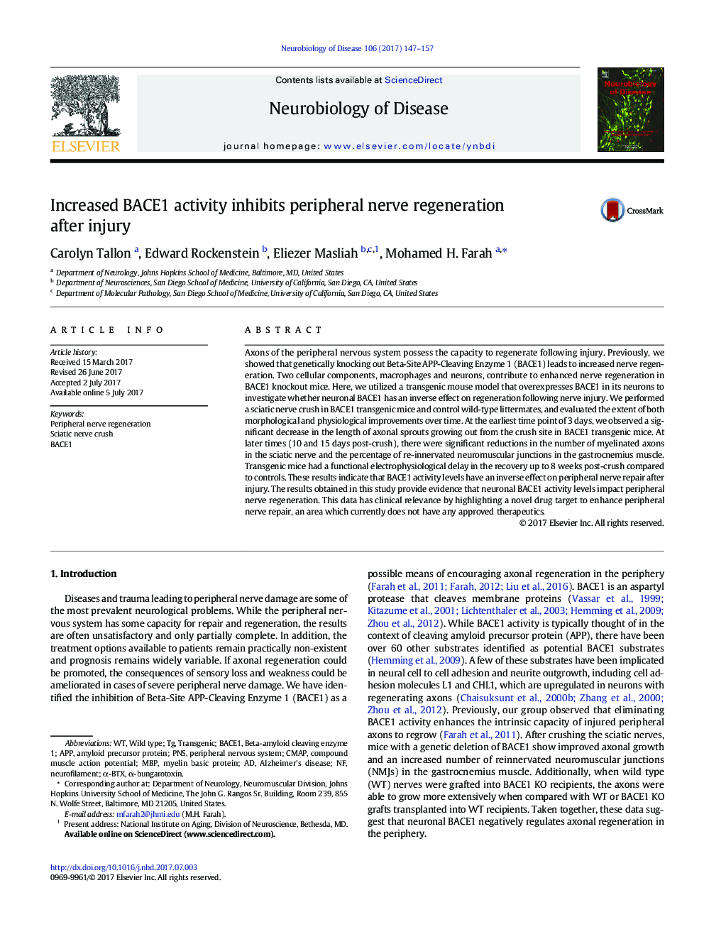 عکس صفحه اول مقاله: Increased BACE1 activity inhibits peripheral nerve regeneration after injury Increased BACE1 activity inhibits peripheral nerve regeneration after injury