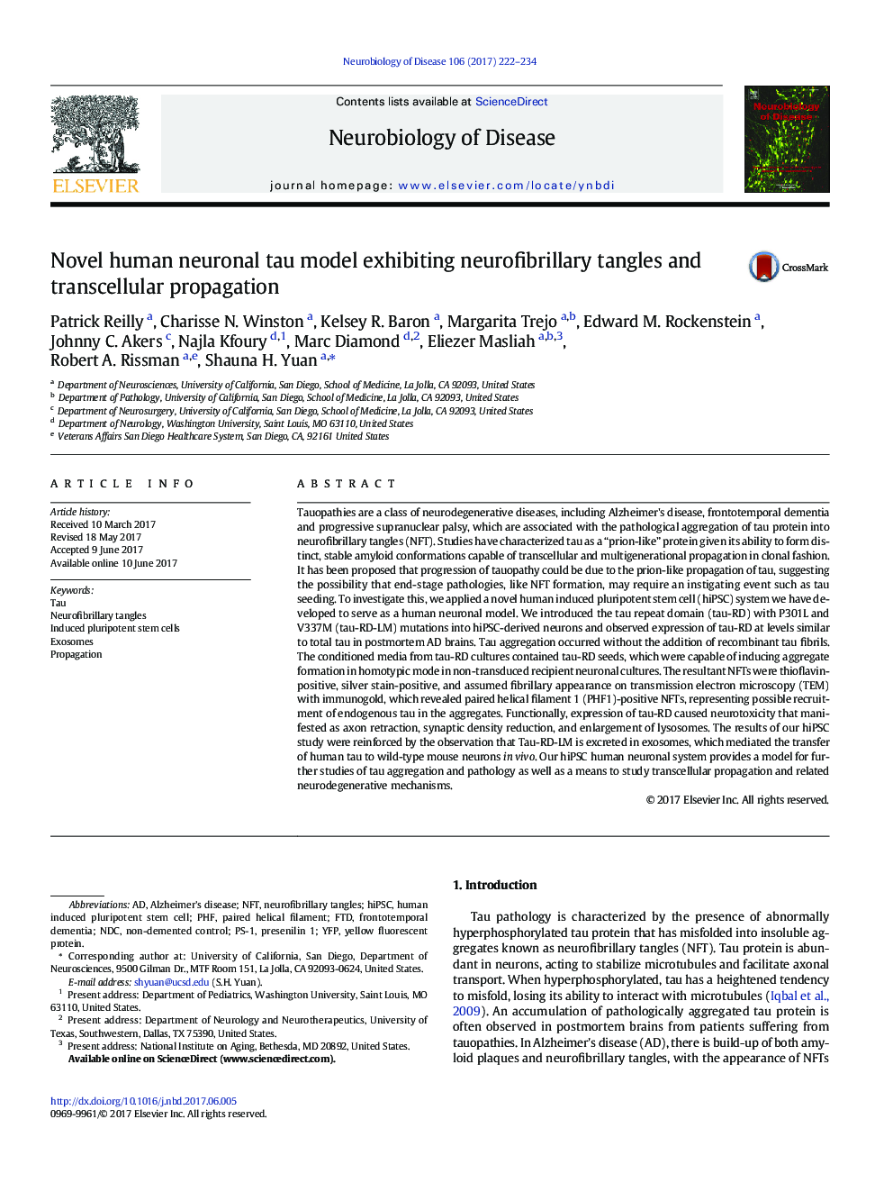 Novel human neuronal tau model exhibiting neurofibrillary tangles and transcellular propagation