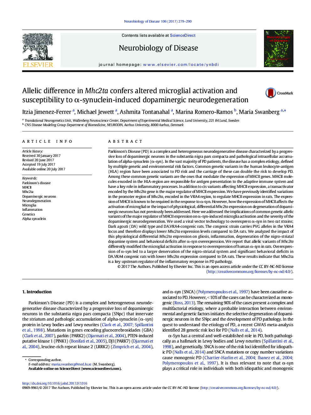 Allelic difference in Mhc2ta confers altered microglial activation and susceptibility to Î±-synuclein-induced dopaminergic neurodegeneration