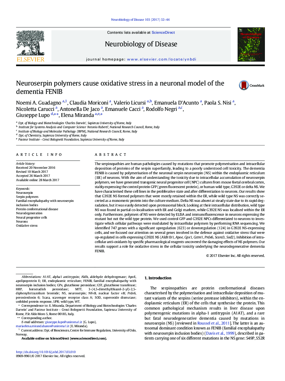 Neuroserpin polymers cause oxidative stress in a neuronal model of the dementia FENIB