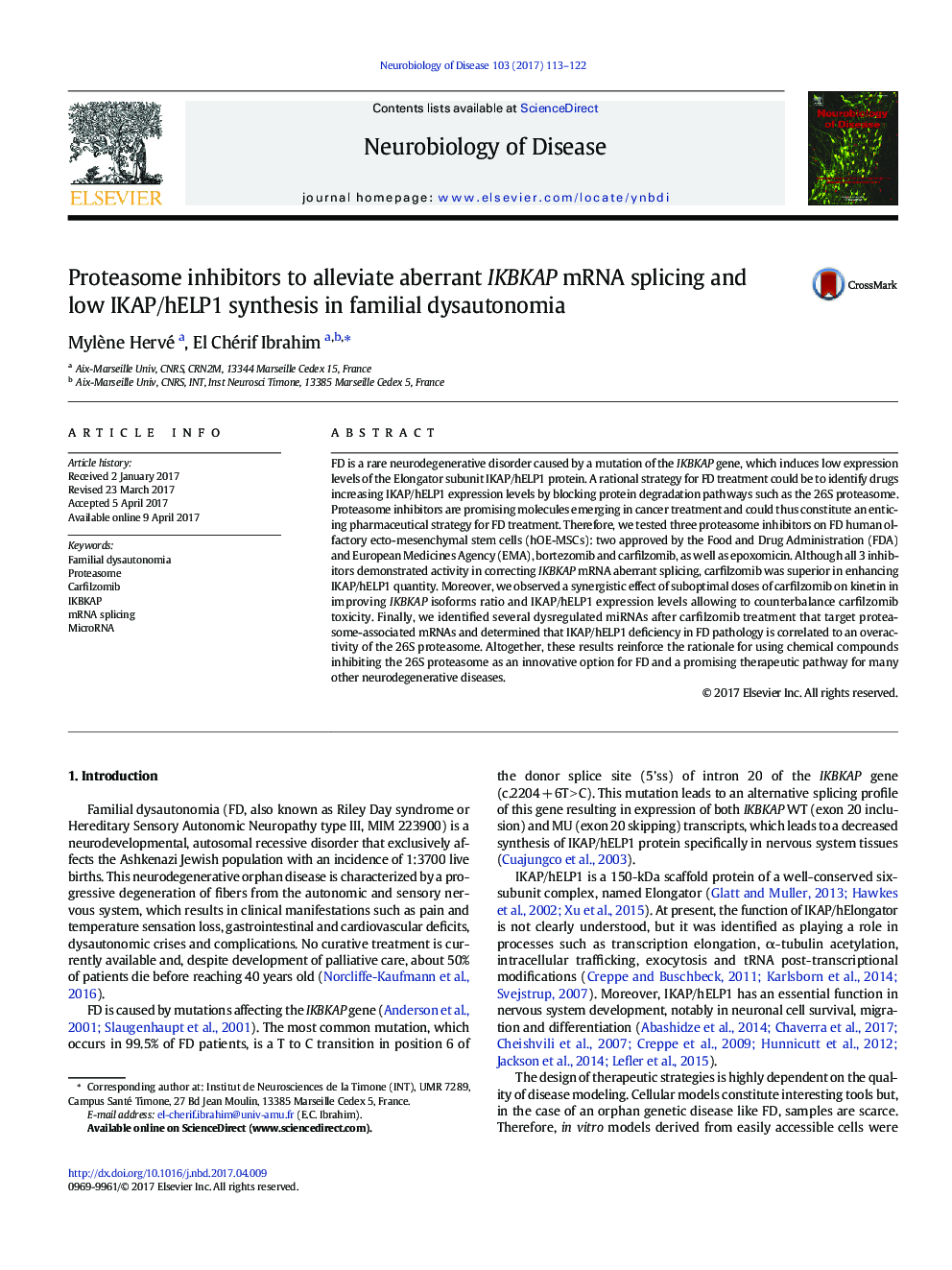 Proteasome inhibitors to alleviate aberrant IKBKAP mRNA splicing and low IKAP/hELP1 synthesis in familial dysautonomia