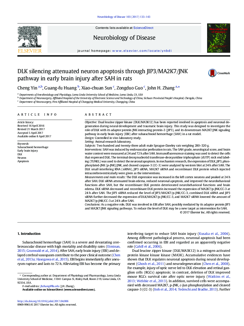 DLK silencing attenuated neuron apoptosis through JIP3/MA2K7/JNK pathway in early brain injury after SAH in rats