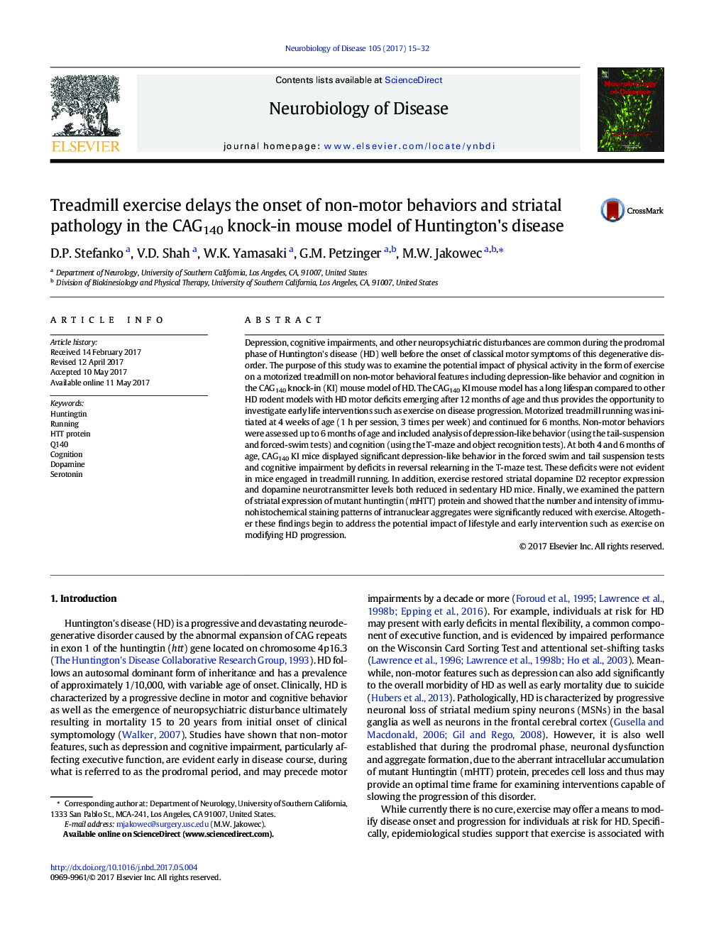 Treadmill exercise delays the onset of non-motor behaviors and striatal pathology in the CAG140 knock-in mouse model of Huntington's disease