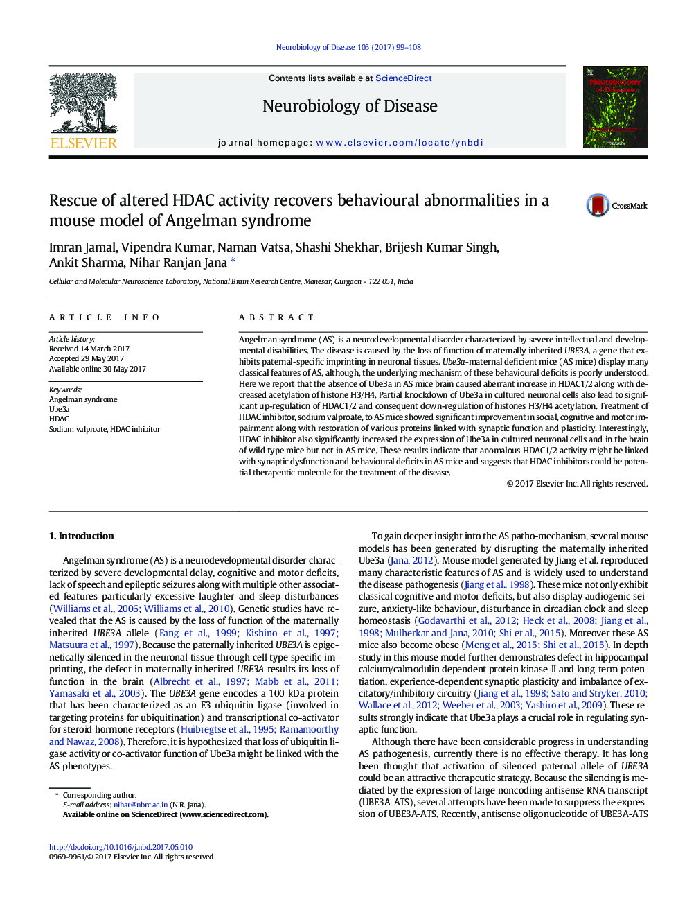 Rescue of altered HDAC activity recovers behavioural abnormalities in a mouse model of Angelman syndrome