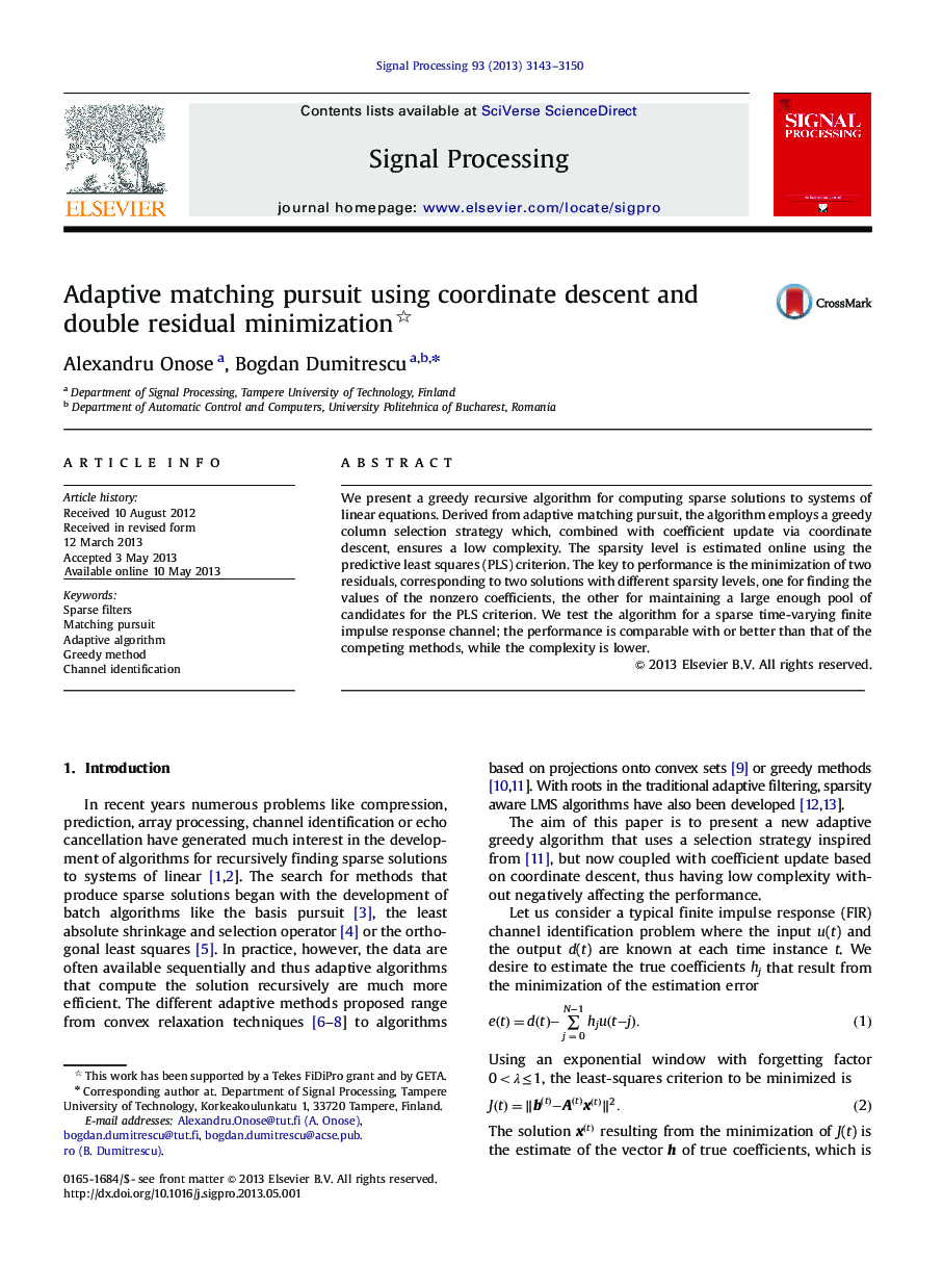 Adaptive matching pursuit using coordinate descent and double residual minimization 