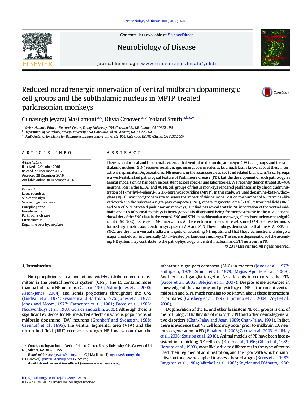 Reduced noradrenergic innervation of ventral midbrain dopaminergic cell groups and the subthalamic nucleus in MPTP-treated parkinsonian monkeys