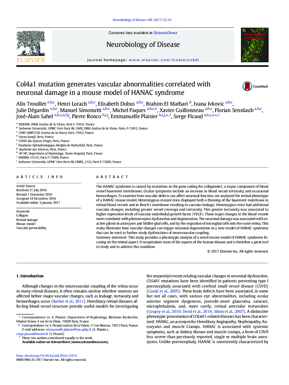 Col4a1 mutation generates vascular abnormalities correlated with neuronal damage in a mouse model of HANAC syndrome