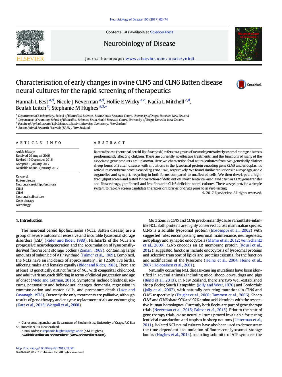 Characterisation of early changes in ovine CLN5 and CLN6 Batten disease neural cultures for the rapid screening of therapeutics