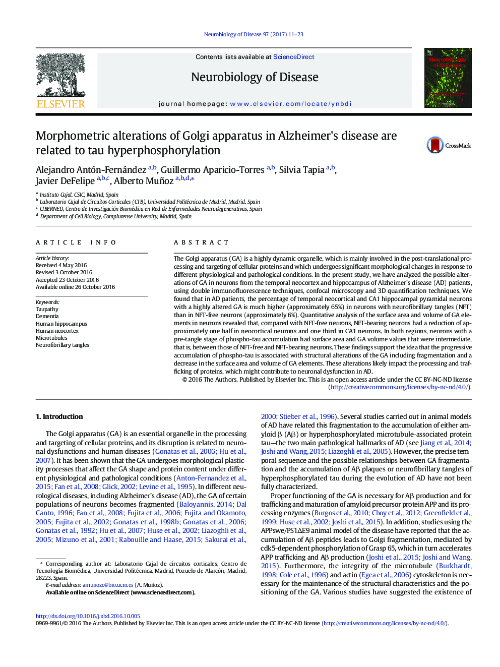 Morphometric alterations of Golgi apparatus in Alzheimer's disease are related to tau hyperphosphorylation