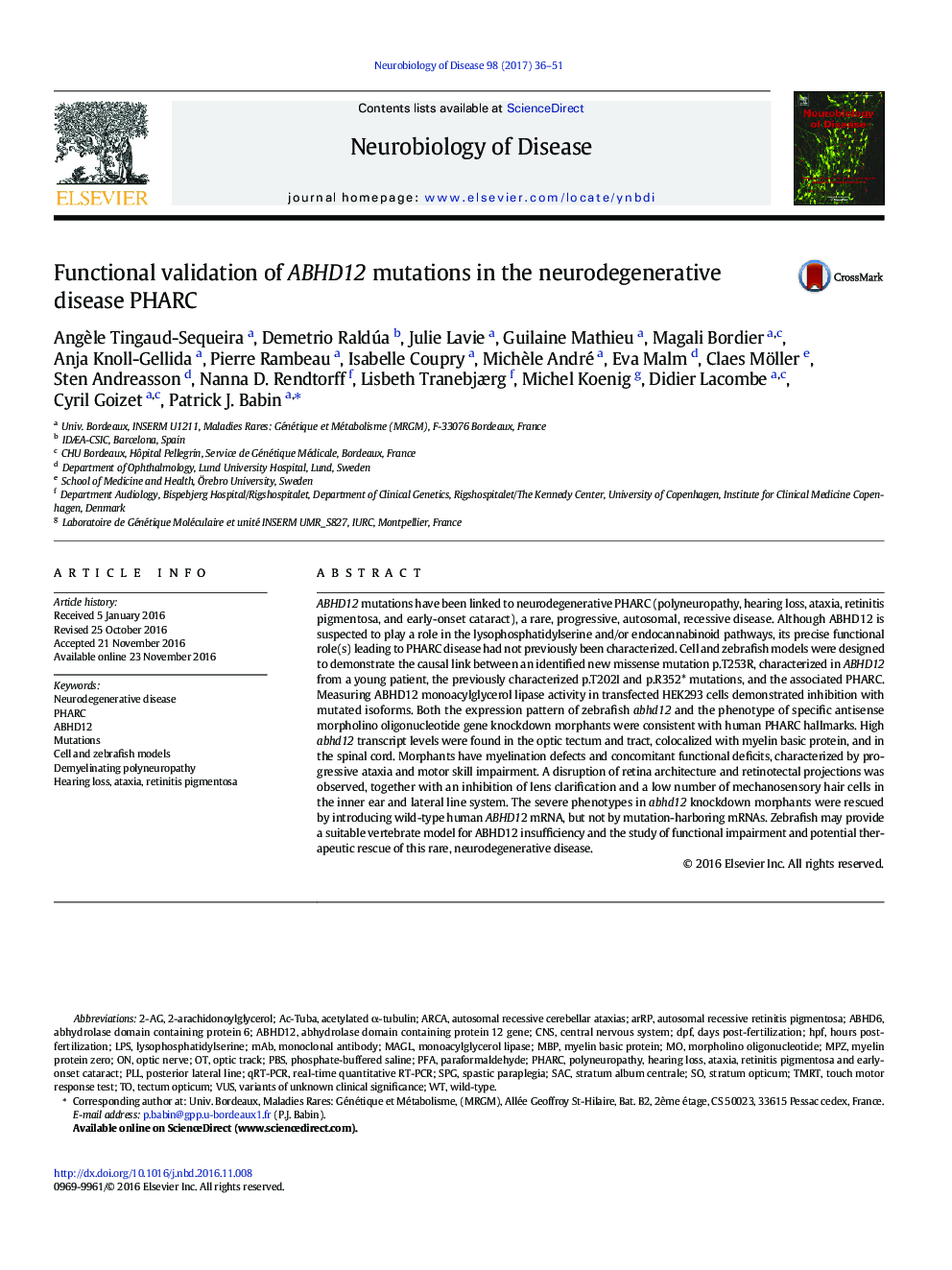 Functional validation of ABHD12 mutations in the neurodegenerative disease PHARC