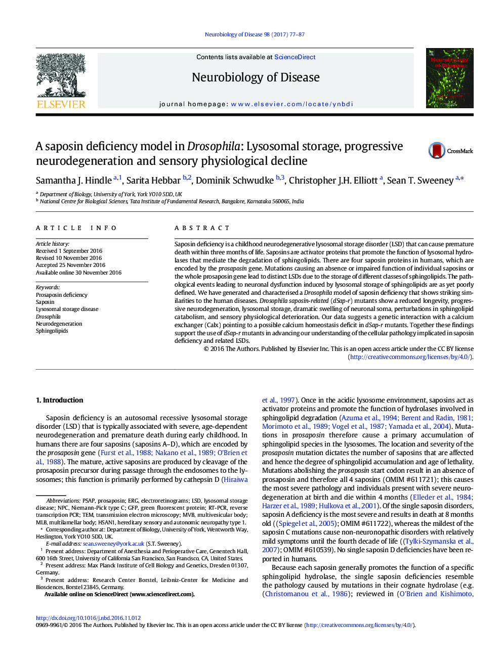 A saposin deficiency model in Drosophila: Lysosomal storage, progressive neurodegeneration and sensory physiological decline