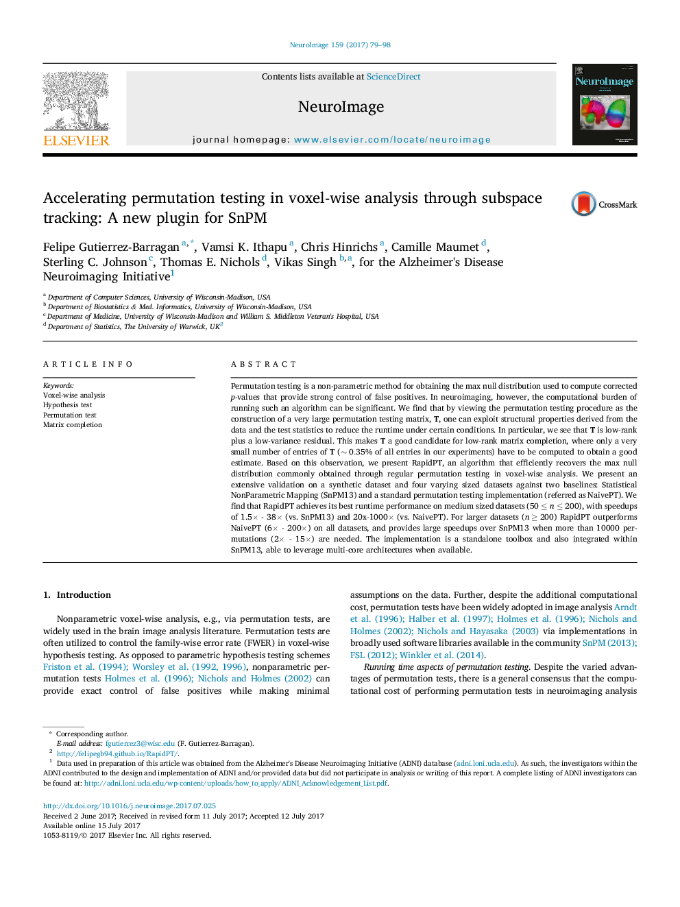 Accelerating permutation testing in voxel-wise analysis through subspace tracking: A new plugin for SnPM