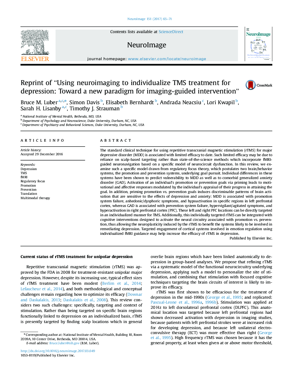 Reprint of ''Using neuroimaging to individualize TMS treatment for depression: Toward a new paradigm for imaging-guided intervention''