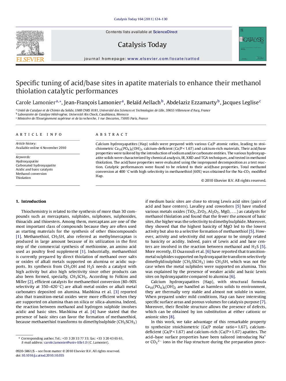 Specific tuning of acid/base sites in apatite materials to enhance their methanol thiolation catalytic performances