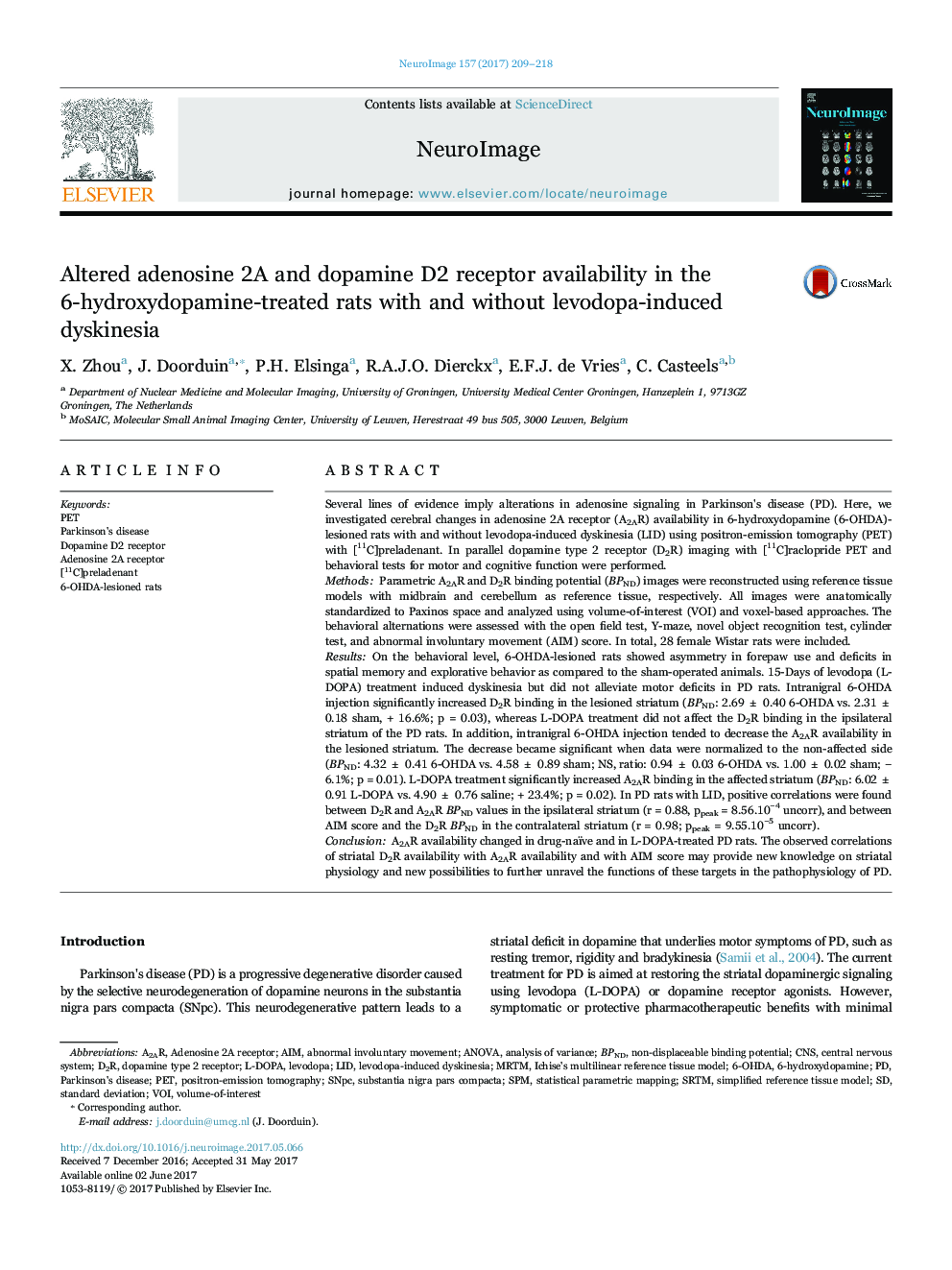 Altered adenosine 2A and dopamine D2 receptor availability in the 6-hydroxydopamine-treated rats with and without levodopa-induced dyskinesia