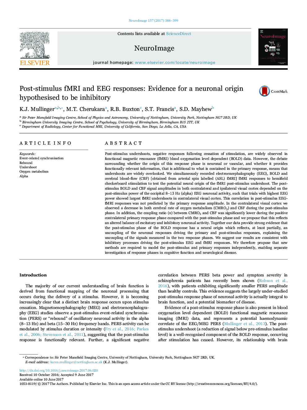 Post-stimulus fMRI and EEG responses: Evidence for a neuronal origin hypothesised to be inhibitory