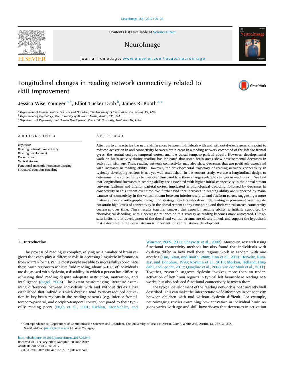 Longitudinal changes in reading network connectivity related to skill improvement