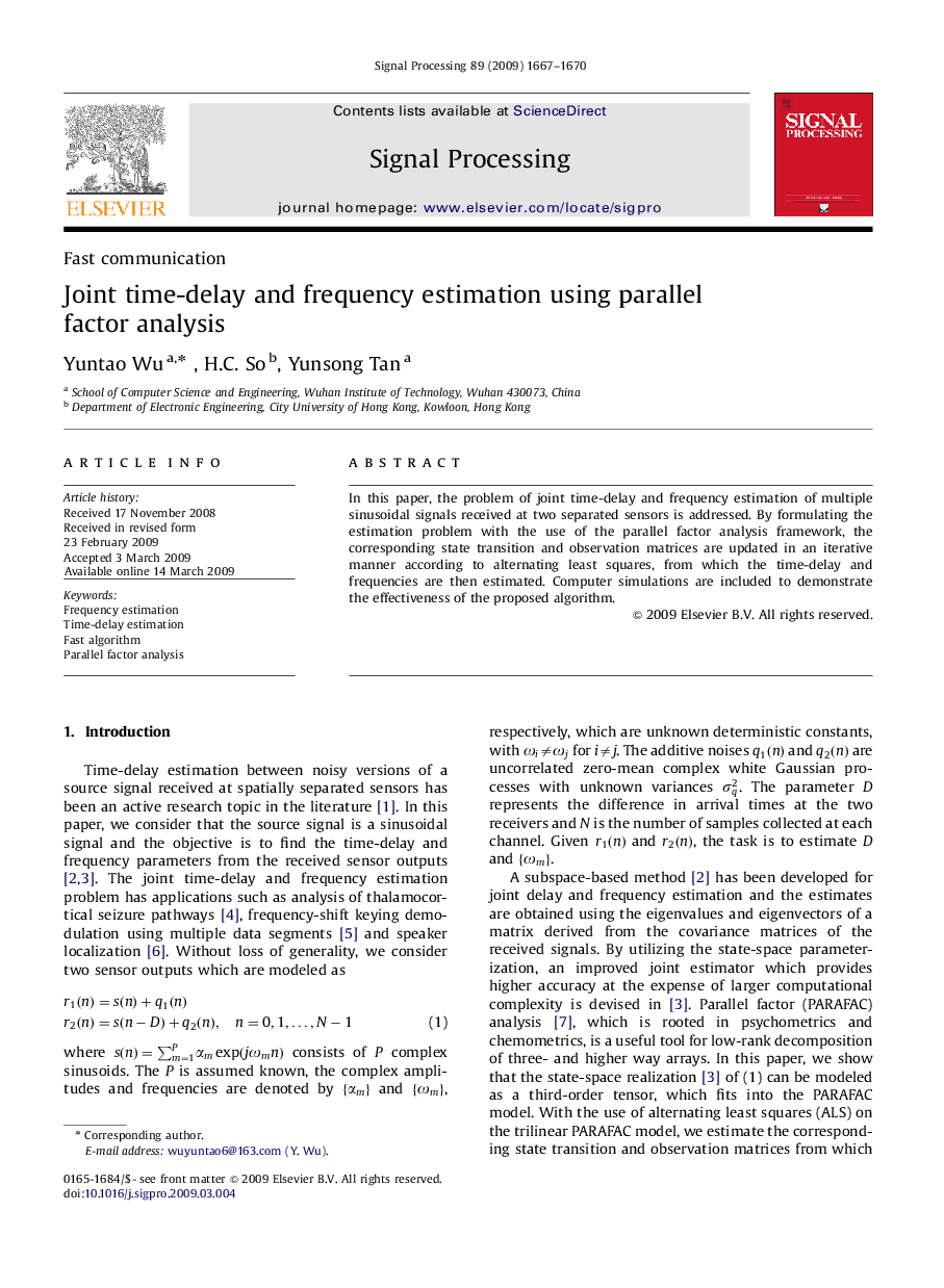 Joint time-delay and frequency estimation using parallel factor analysis