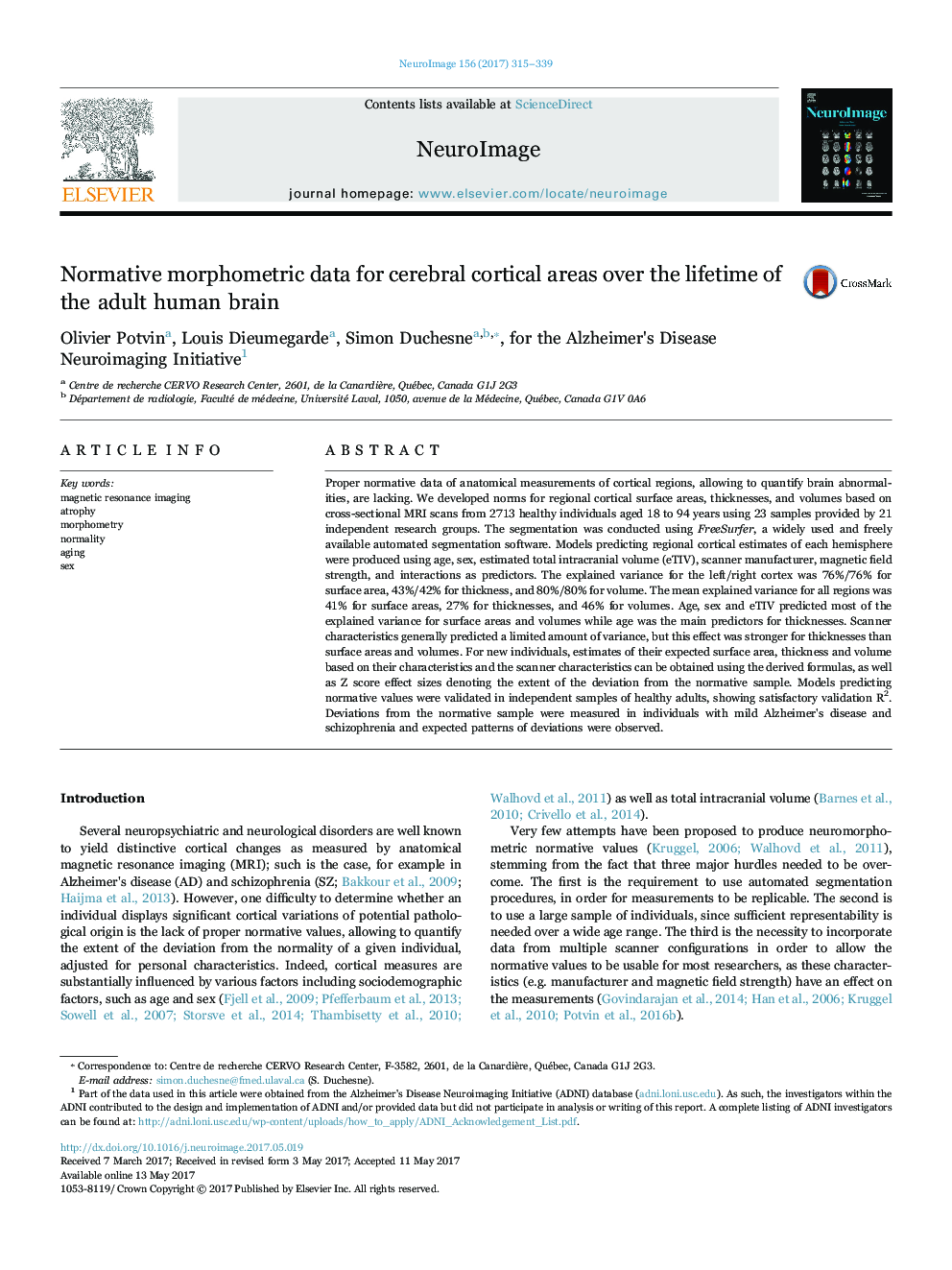 Normative morphometric data for cerebral cortical areas over the lifetime of the adult human brain