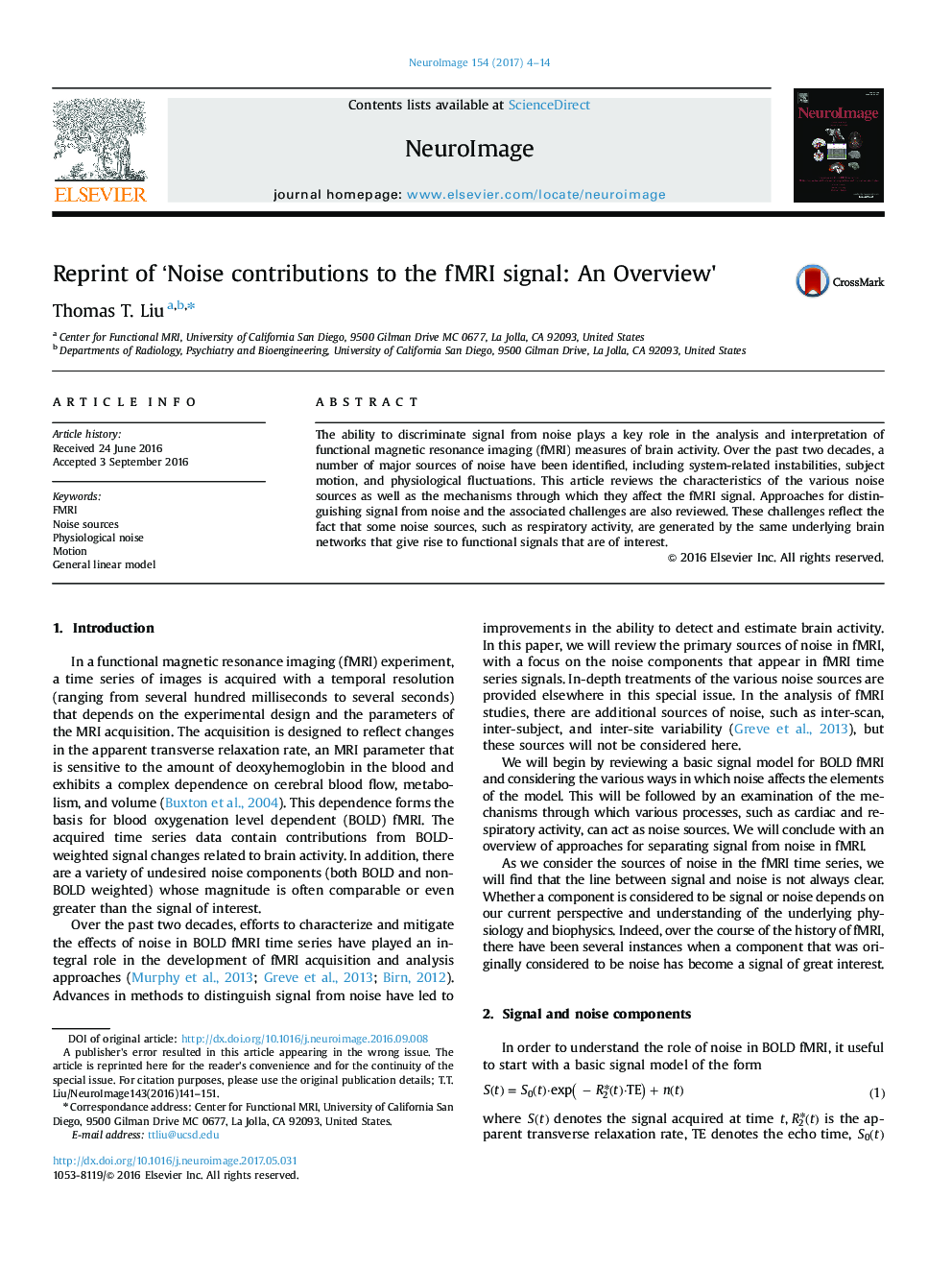 Reprint of 'Noise contributions to the fMRI signal: An Overview'