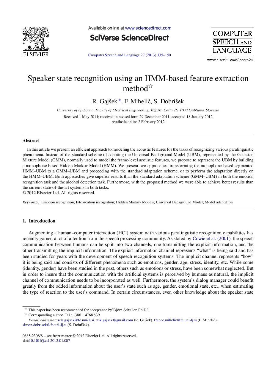 Speaker state recognition using an HMM-based feature extraction method 