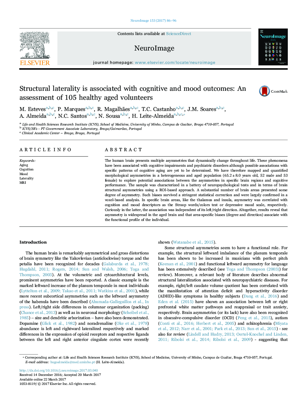 Structural laterality is associated with cognitive and mood outcomes: An assessment of 105 healthy aged volunteers