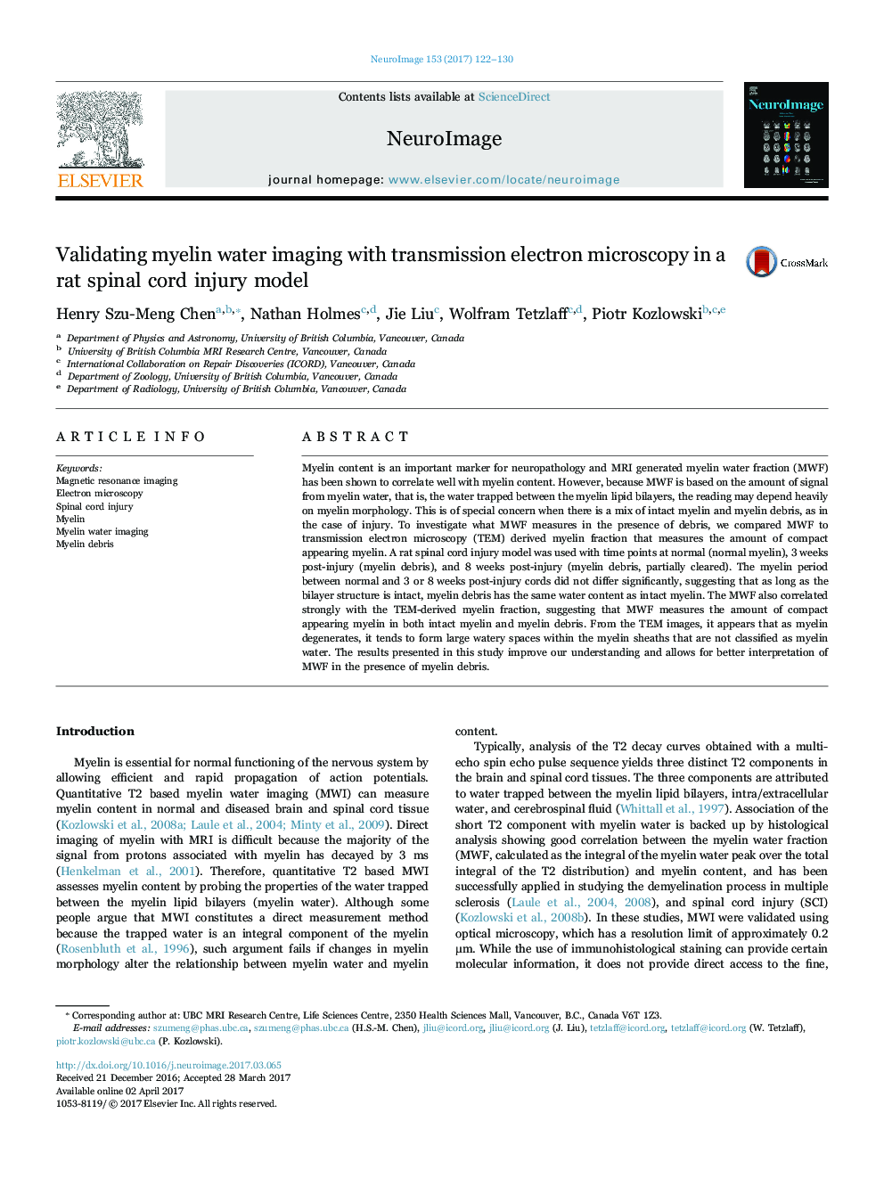 Validating myelin water imaging with transmission electron microscopy in a rat spinal cord injury model