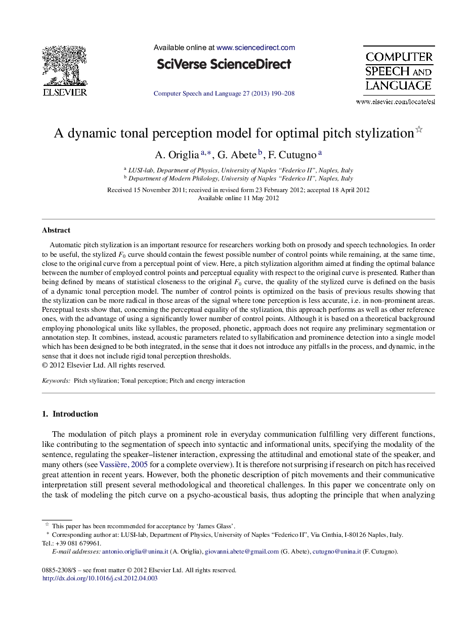 A dynamic tonal perception model for optimal pitch stylization 