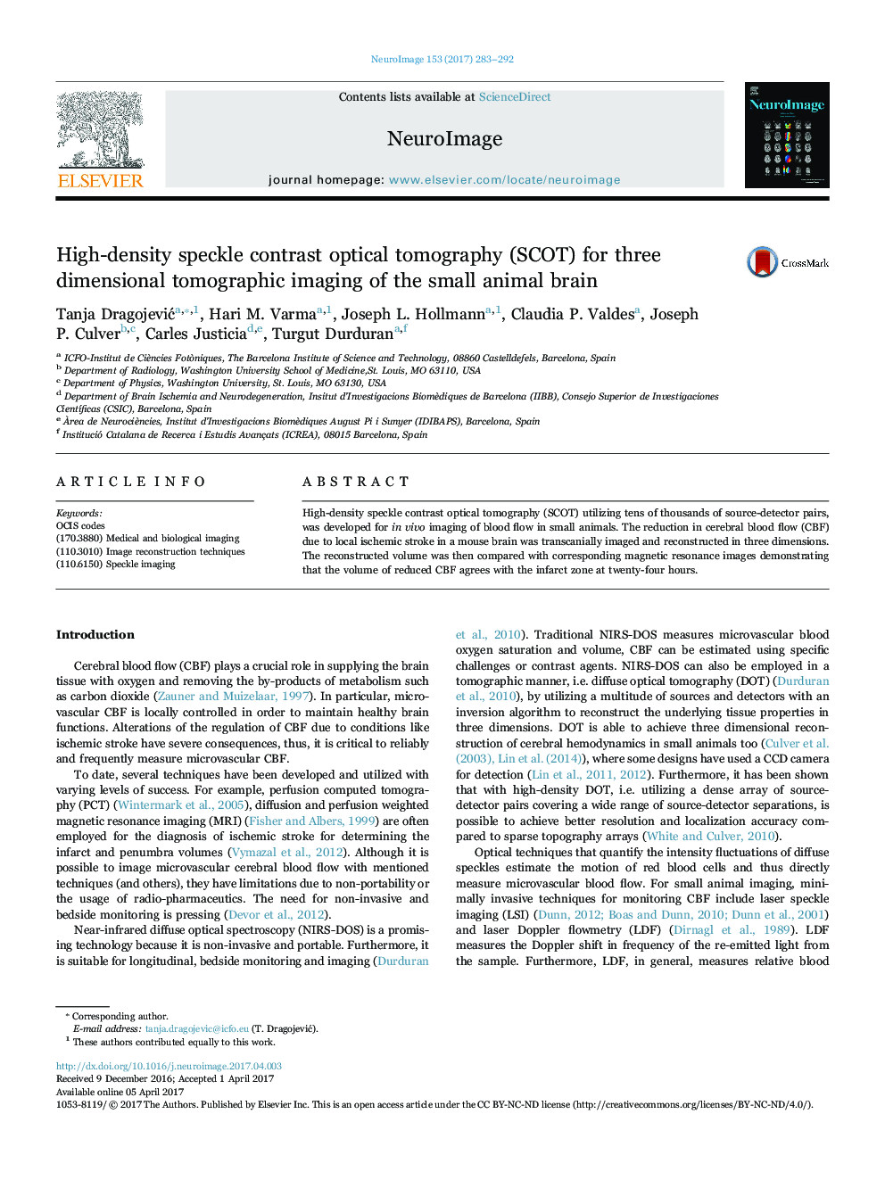 High-density speckle contrast optical tomography (SCOT) for three dimensional tomographic imaging of the small animal brain