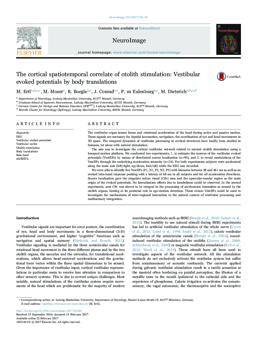 The cortical spatiotemporal correlate of otolith stimulation: Vestibular evoked potentials by body translations