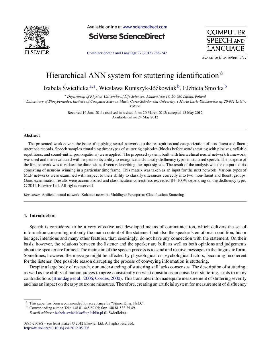 Hierarchical ANN system for stuttering identification 