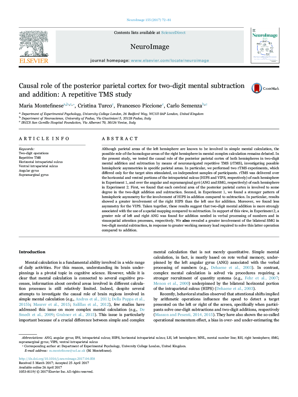 Causal role of the posterior parietal cortex for two-digit mental subtraction and addition: A repetitive TMS study