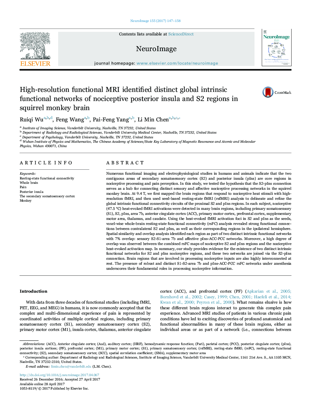 High-resolution functional MRI identified distinct global intrinsic functional networks of nociceptive posterior insula and S2 regions in squirrel monkey brain