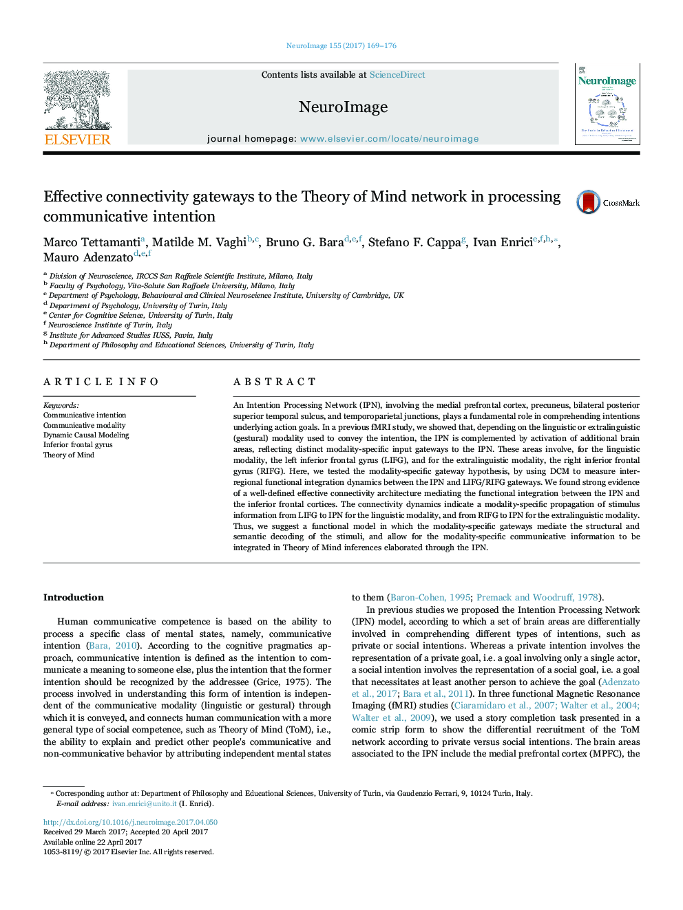 Effective connectivity gateways to the Theory of Mind network in processing communicative intention