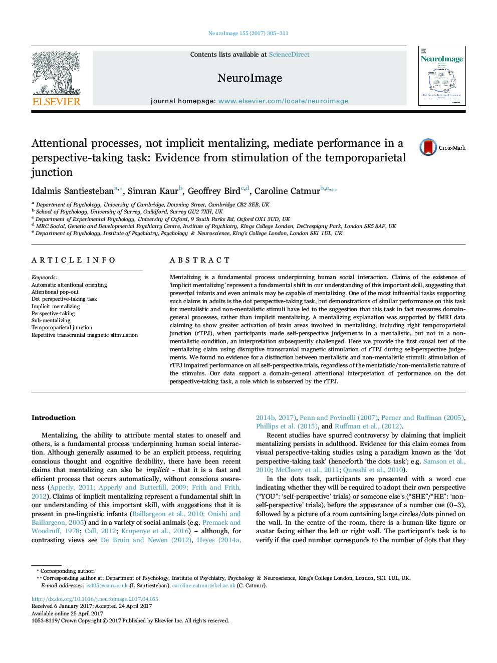 Attentional processes, not implicit mentalizing, mediate performance in a perspective-taking task: Evidence from stimulation of the temporoparietal junction