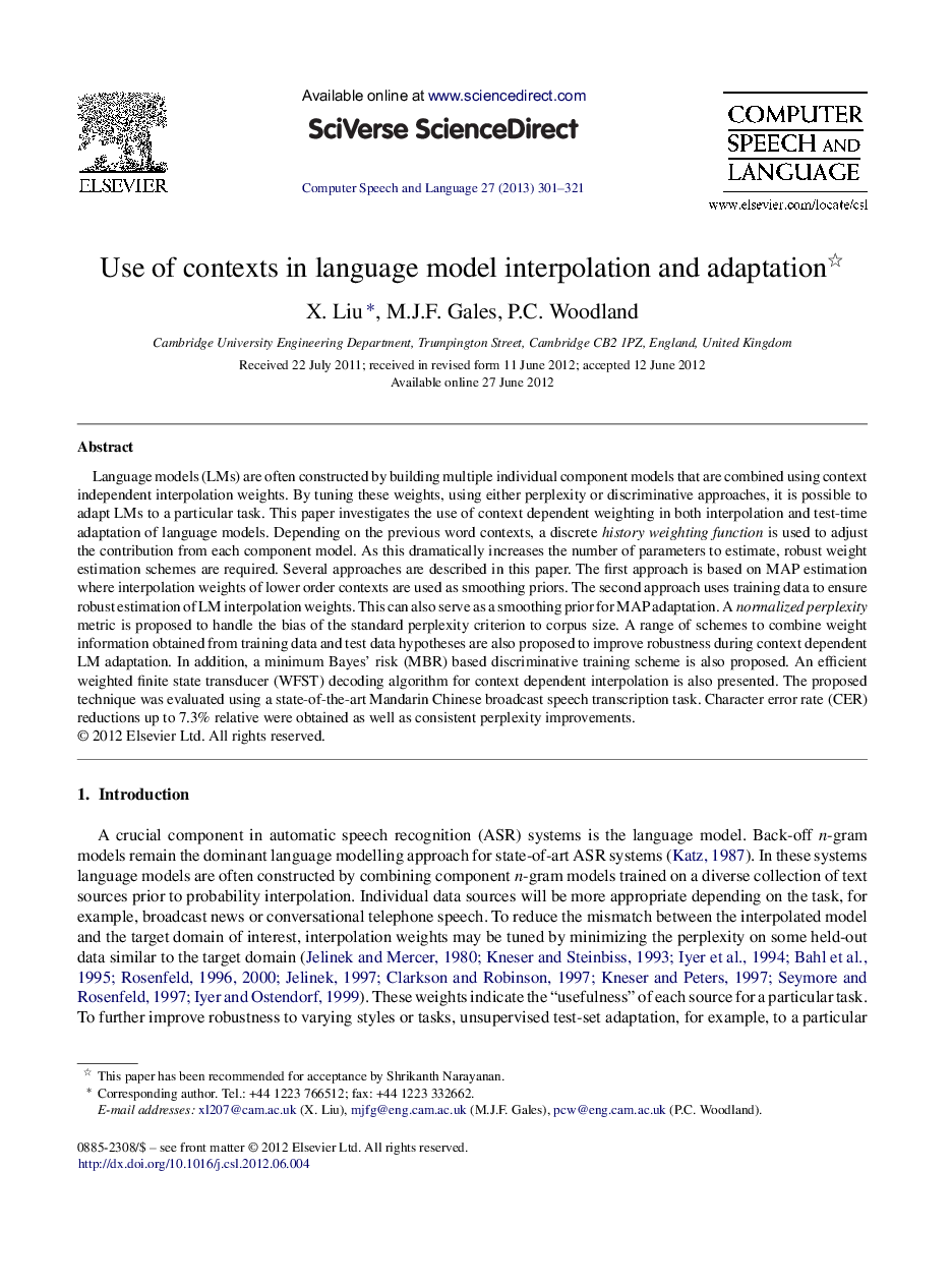 Use of contexts in language model interpolation and adaptation 