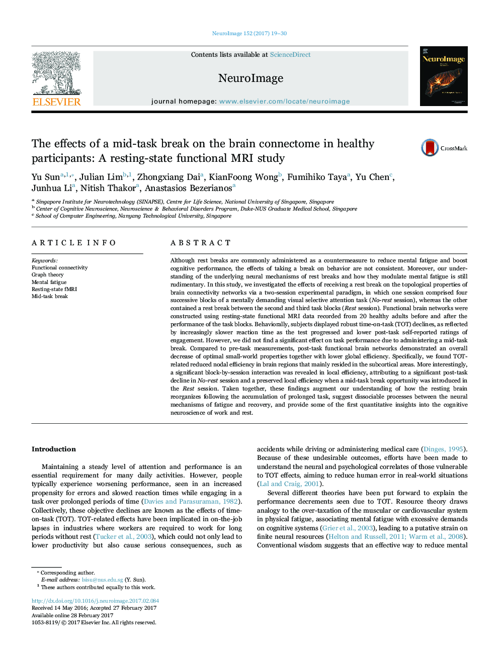 The effects of a mid-task break on the brain connectome in healthy participants: A resting-state functional MRI study